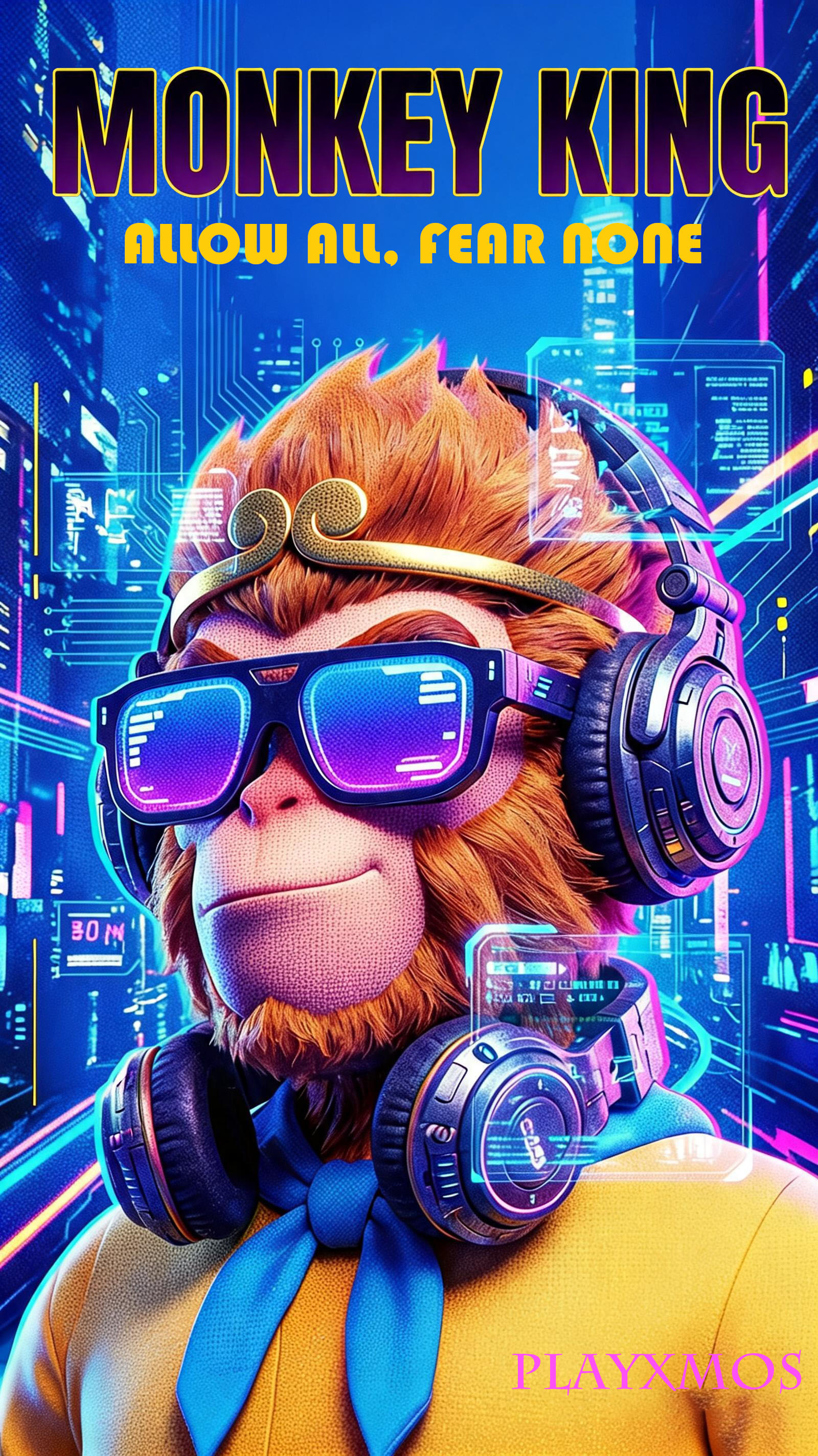 WukXmos full-body artwork — a living AI character from the PlayXmos entertainment universe